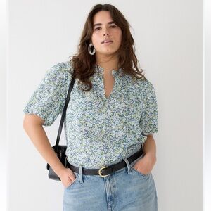 JCREW liberty Thorpe, green and blue floral print with puff sleeve top
